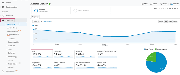 An image showing visitor data in Google Analytics