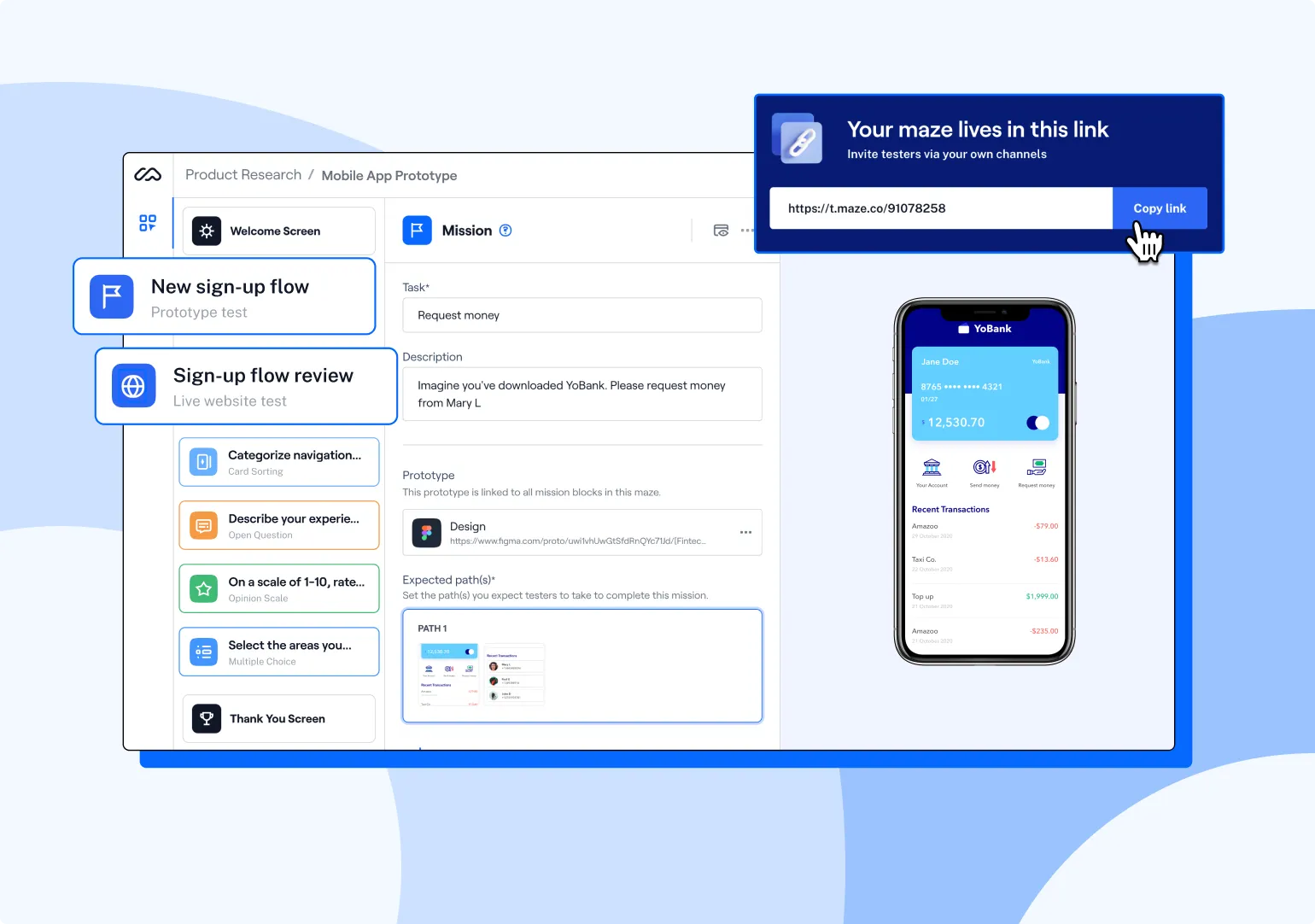Maze dashboard of product research and testing features