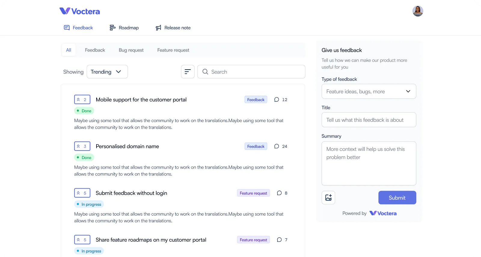 Voctera dashboard for managing all types of user feedback