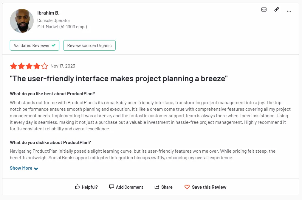 Customer review of ProductPlan