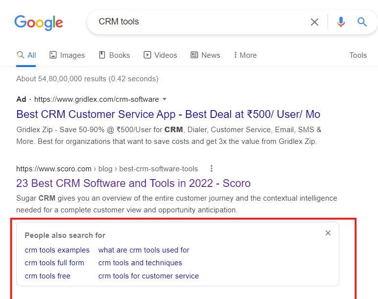 An image showing the results of google search for CRM Tools