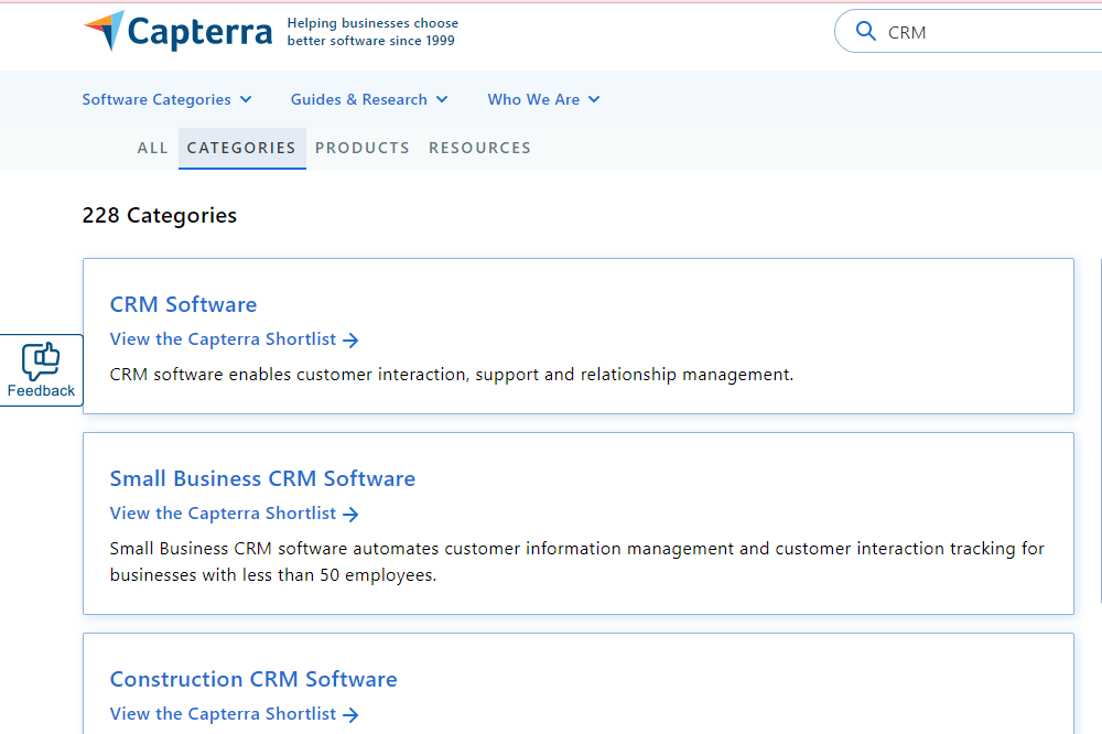 An image showing the results for CRM tools in Capterra