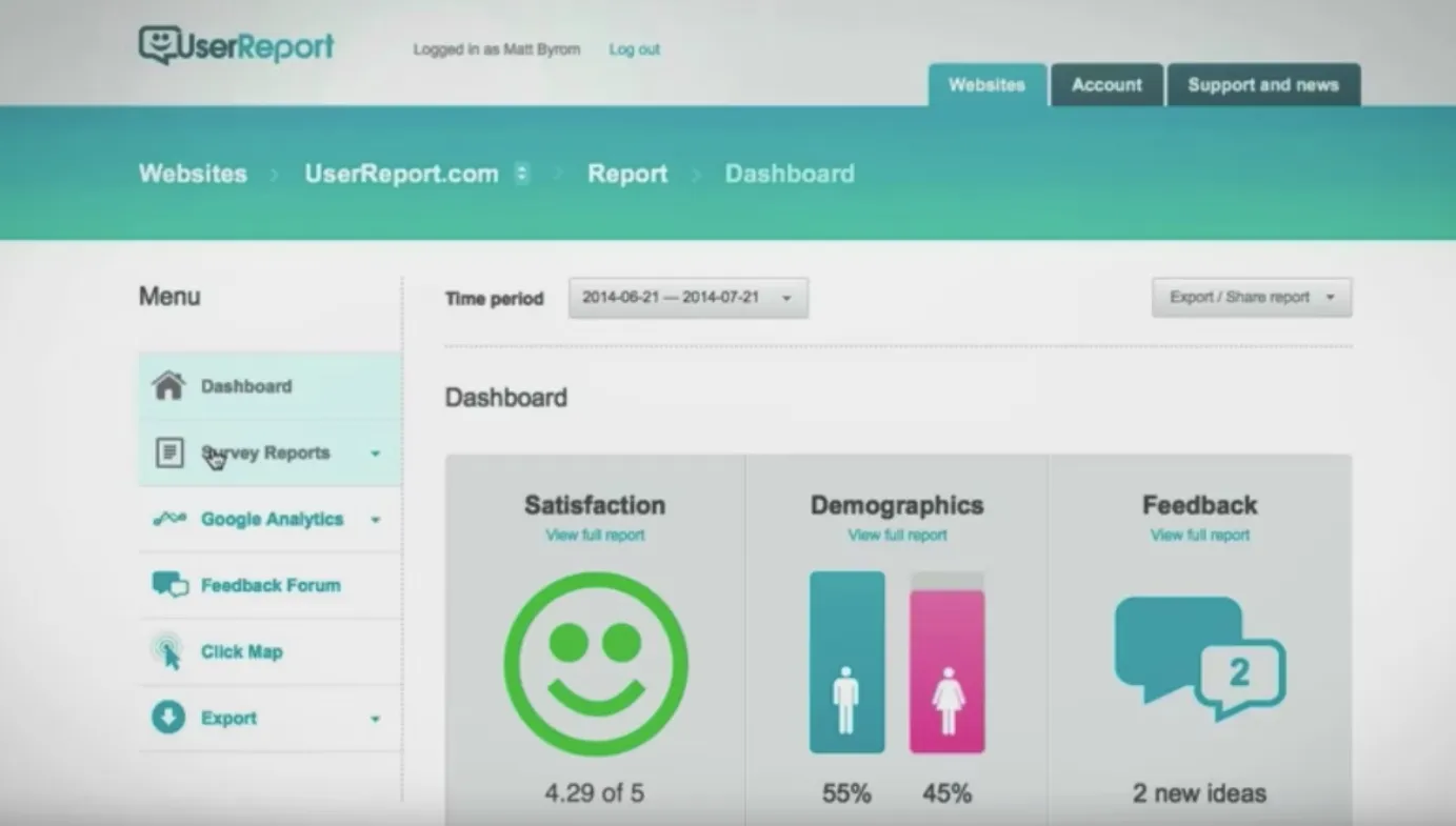 UserReport main dashboard with customer feedback and satisfaction levels, considering demographics