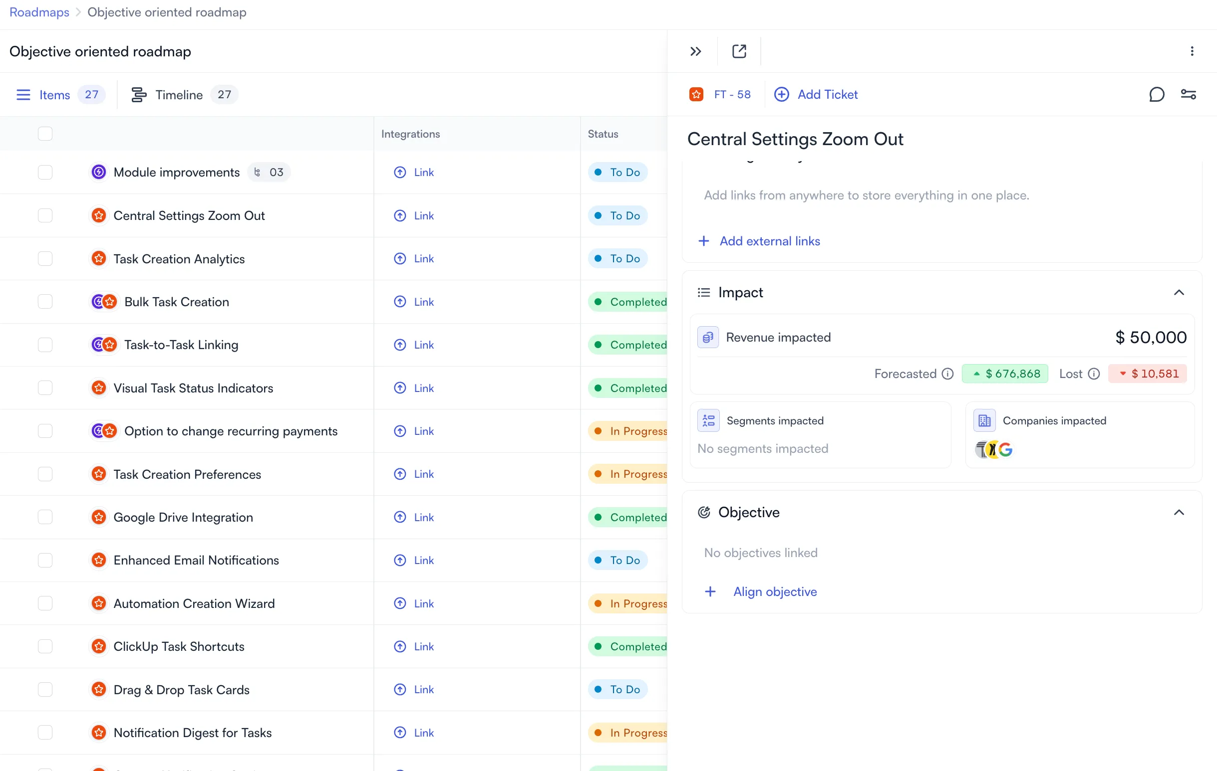 View revenue impact within your roadmap