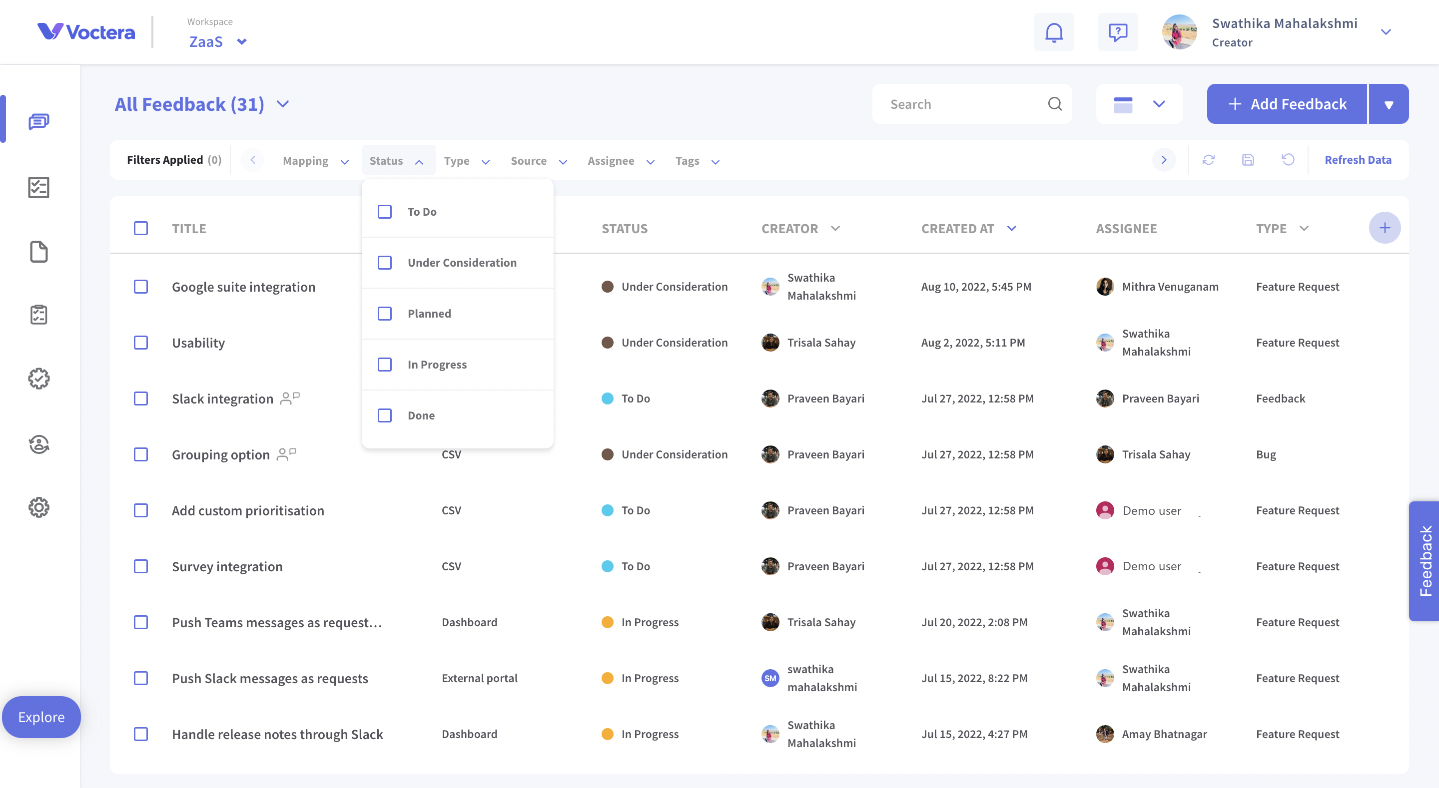All feedback feature screen