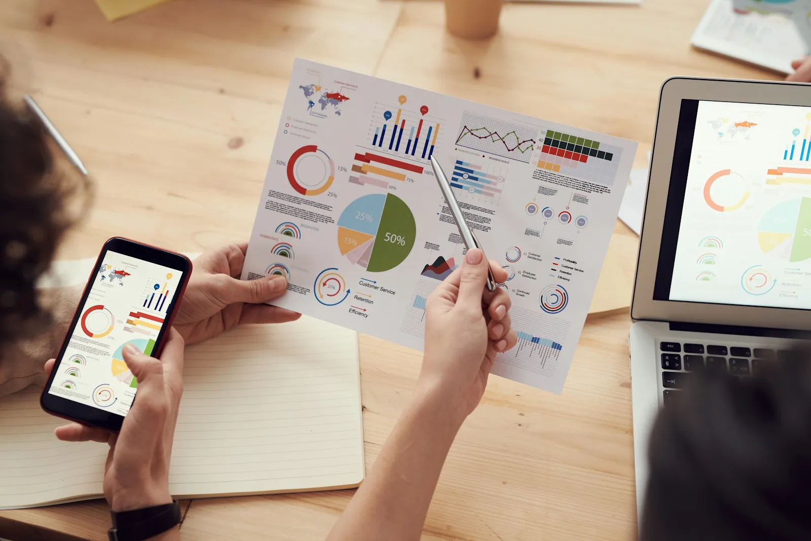 Two sellers analyzing statistics on a sheet of paper, laptop and smartphone